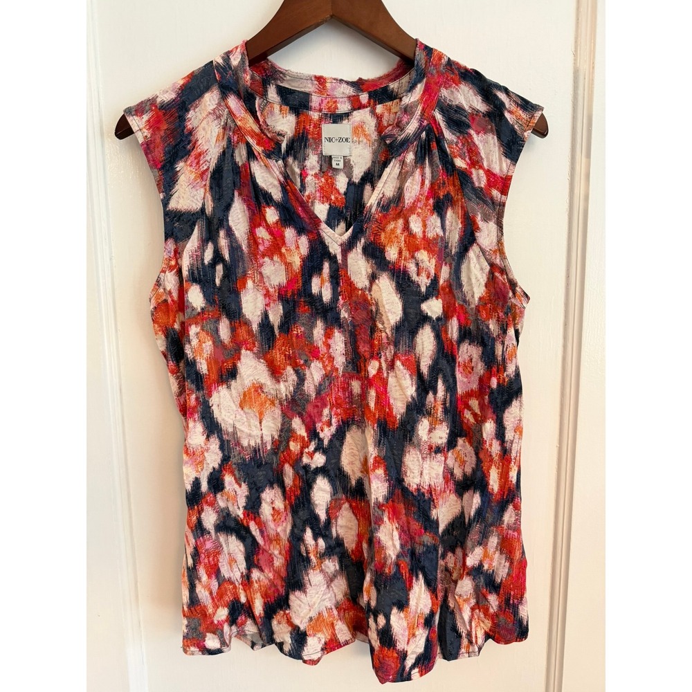 NIC+ZOE Blouse Womens M Sleeveless V-Neck Abstract Ikat Print Pleated Back Top